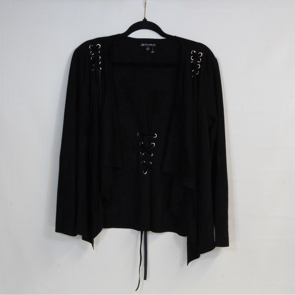 The Pyramid Collection Black Open Front Lace Up Shoulder& Back Cardigan Sweater - Picture 2 of 6